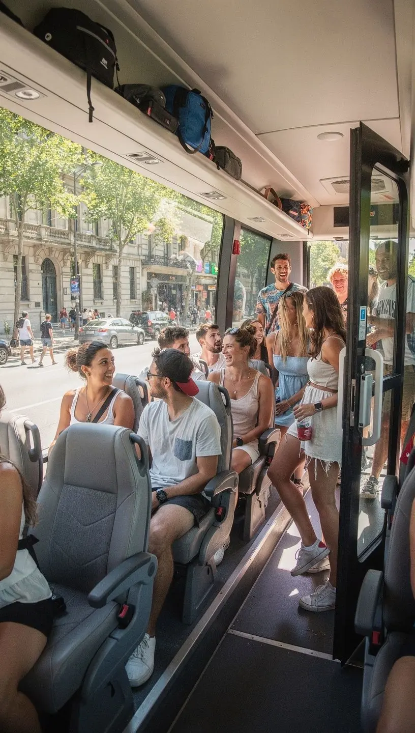 Professional tour guide assisting a group of tourists with tickets and festival passes in a European city